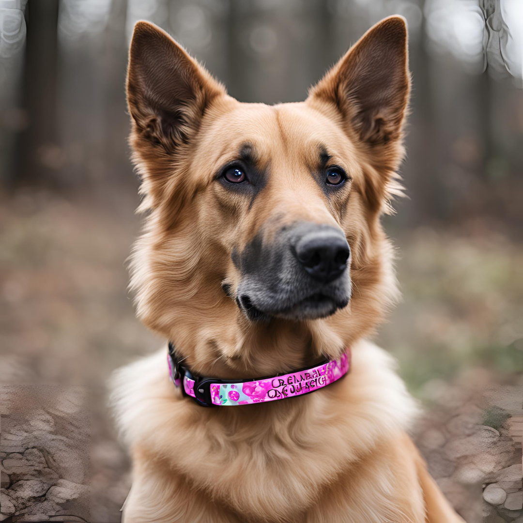 belle chienne avec un collier personnalisé rose