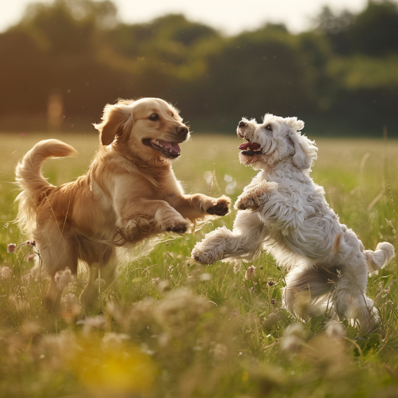 deux chiots qui s'amusent dans un pré