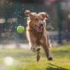 beau chien qui court après une balle de tennis sur un terrain