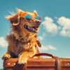 chien heureux à lunettes sur une valise qui part en vacances