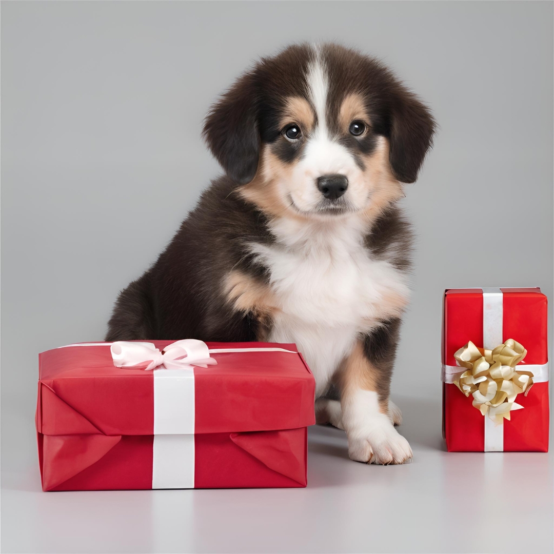 un chien recoit deux beaux cadeaux rouges noel